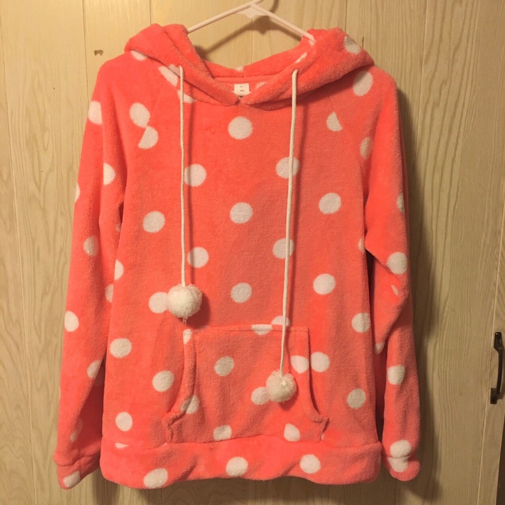 Pink plush polka dot hoodie
